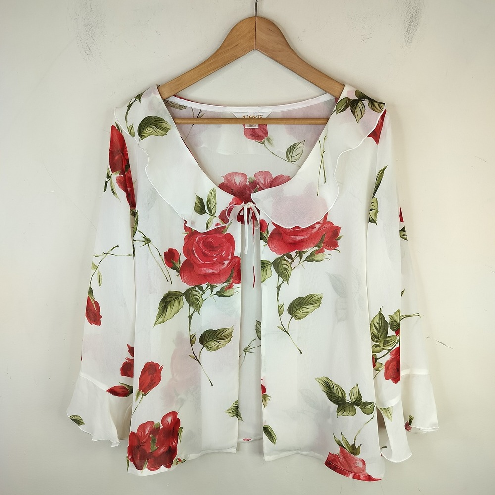 Alexis Floral Rose Blouse XL Womens Chiffon Tie Front Ruffled Romantic